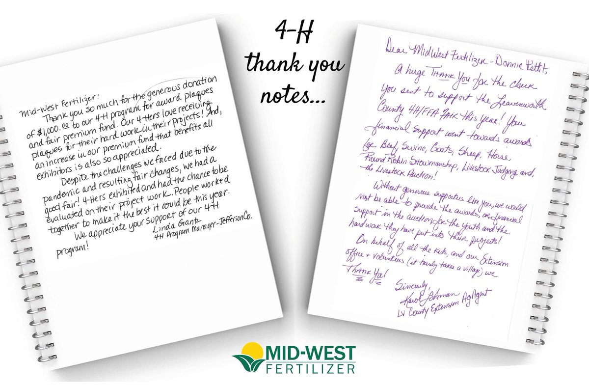 MWFertilizer's tweet photo. We received these nice thank you notes for our financial support made to local 4-H counties.
MWF donated more than $15,000 to 4-H Leadership Development Funds within our footprint in Kansas and Missouri to support the leadership development of youth in 4-H. #Kansas4H #Missouri4H https://t.co/vQjtiMTjBS