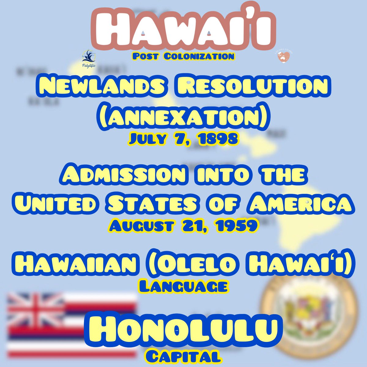 polylific's tweet photo. Hawai’i. Please feel free to share any additional facts! We have included the flag, seal, 2 post colonization dates, capital city, indigenous language, and the location of the islands that make up this South Pacific country. #Polylific #WaterYourRoots #PoylificLife https://t.co/xQVVMnKCSz