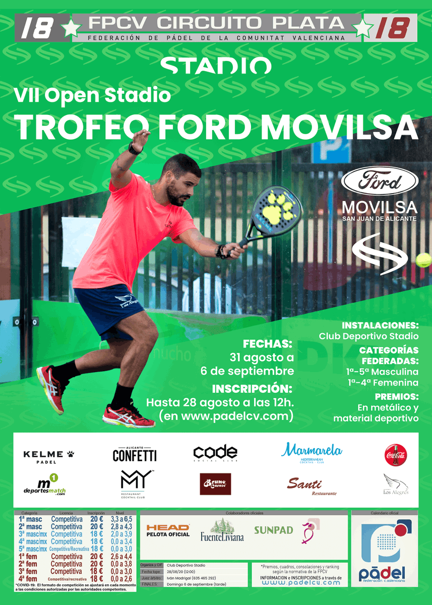 📢Septiembre empezará en Stadio😷

1⃣8⃣⭐️Torneo Ford🚗<a href="/movilsa/">Ford Movilsa</a>
📆Del 31 de Agosto al 6 de Septiembre
🏟️<a href="/stadioalicante/">Stadio Alicante</a>🎾
🏁Cierre Viernes 28, 12.00🕛
🖊️bit.ly/Stadio18

<a href="/javitingOFICIAL/">javier palasí lozano</a> 

#somospadelcv #alcbepadel <a href="/PadelCV/">Federación de Pádel de la Comunitat Valenciana</a>