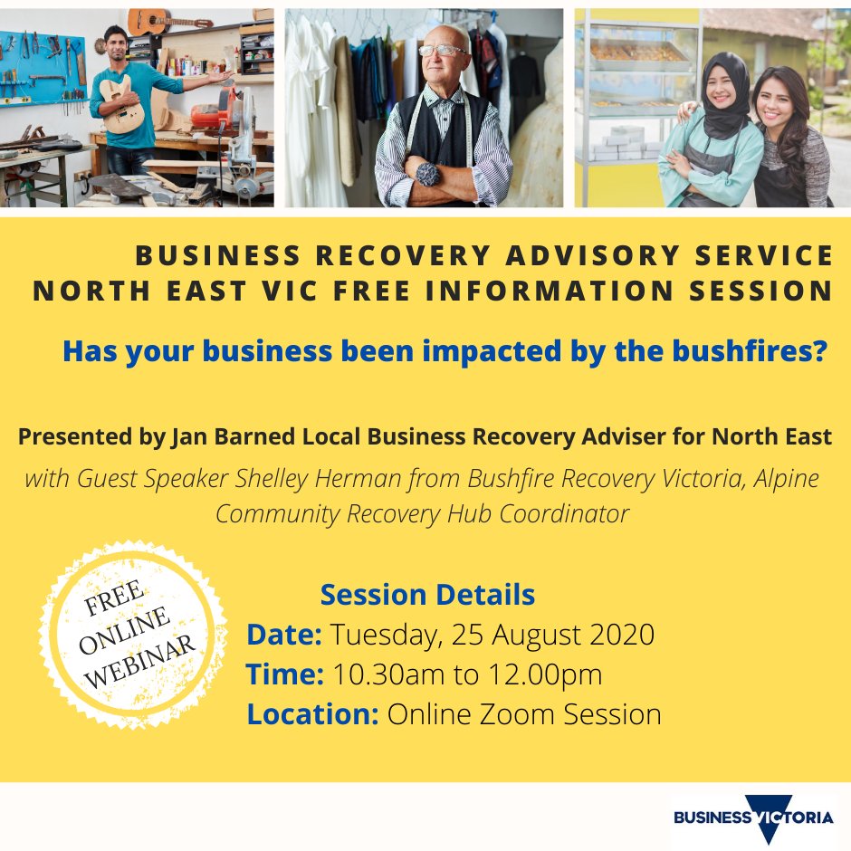 The Business Recovery Advisory Service is free to any business owner/operator in North East Victoria that was impacted by the 2019-20 bushfires.

Learn how our Business Recovery Advisers can help position you in the long term.

Register here: ow.ly/NDCc50B3aug