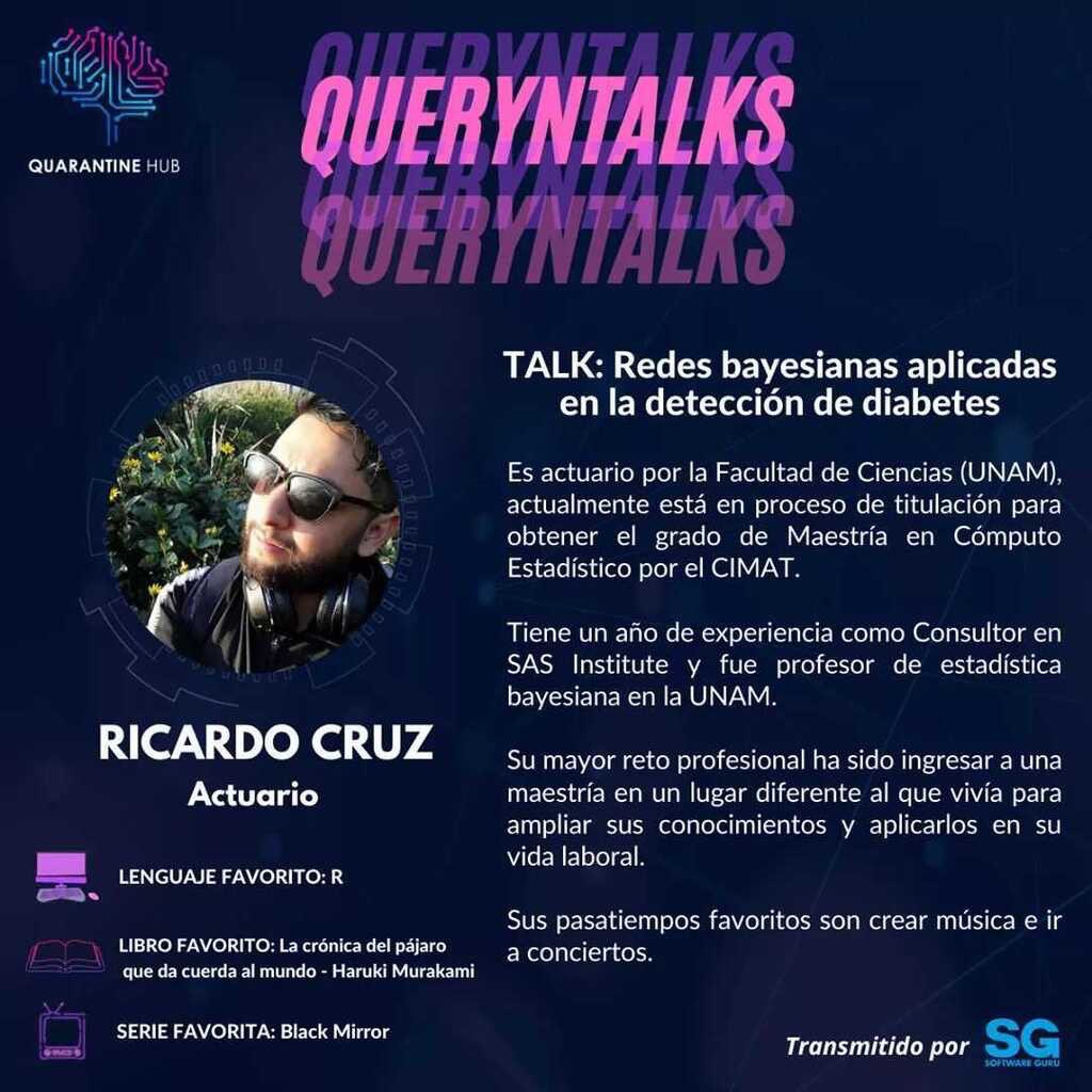 HubQuarantine's tweet photo. ⚠️#QuerynTalks Alert⚠️
Esta semana Ricardo Cruz hablará sobre "Redes bayesianas aplicadas en la detección de diabetes"💻
¡No te la pierdas!
📆Viernes 21 de agosto, 7 pm (CDMX)
🔗Streaming
▪️ YT: https://t.co/izuwGzCoZF
▪️Fb de @RevistaSG :
https://t.co/WDdCtB20vP https://t.co/w6kl8jATu0