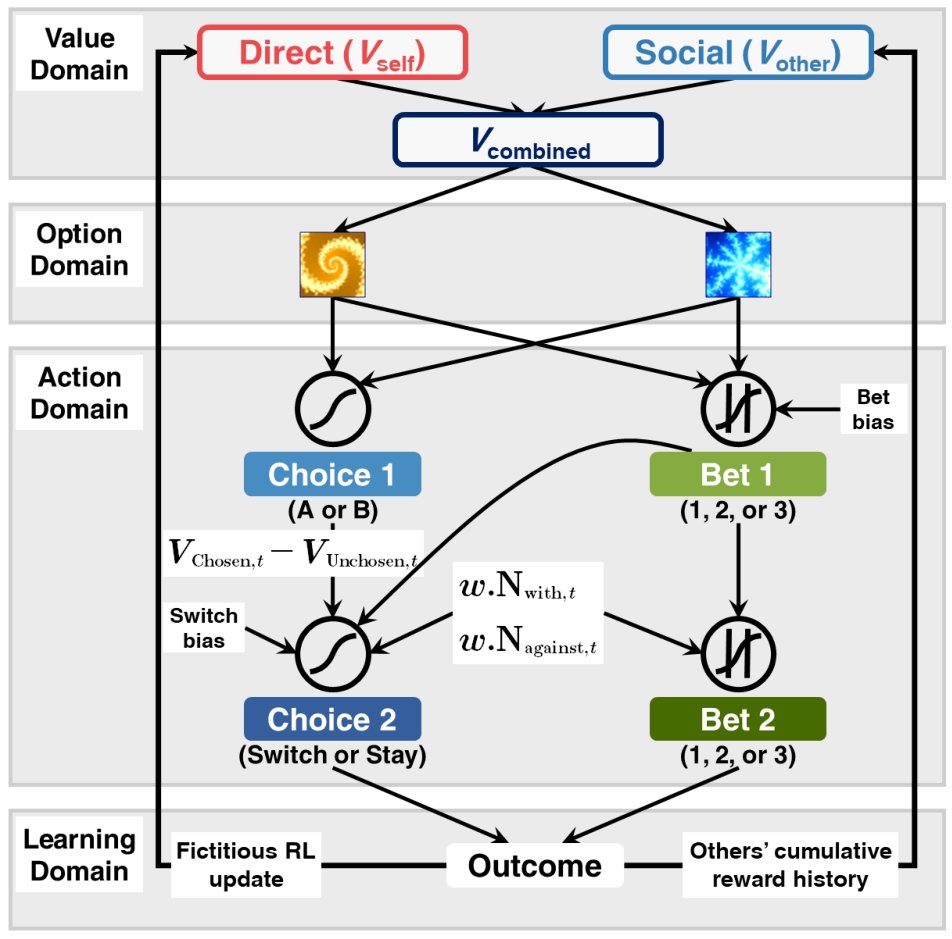 So we put these elements altogether, built a comprehensive model. Option values were updated via both direct learning (counterfactual RL) & social learning (discounted cumulative reward history) to guide future choices. We used  @mcmc_stan to estimate models hierarchically. (6/15)