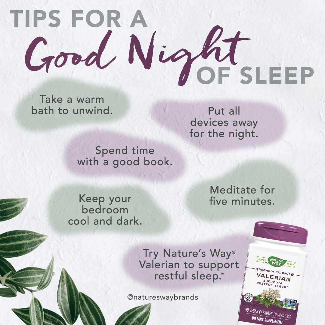 NaturesWayBrand's tweet photo. A good night's #sleep is easier said than done. Drift off into restful dreams with simple #wellness tips to help you get your ZZs. Shop Nature's Way Valerian Root today → https://t.co/KapoCKwyh2 #ValerianRoot #MyWayToWell https://t.co/zESvSOecdG