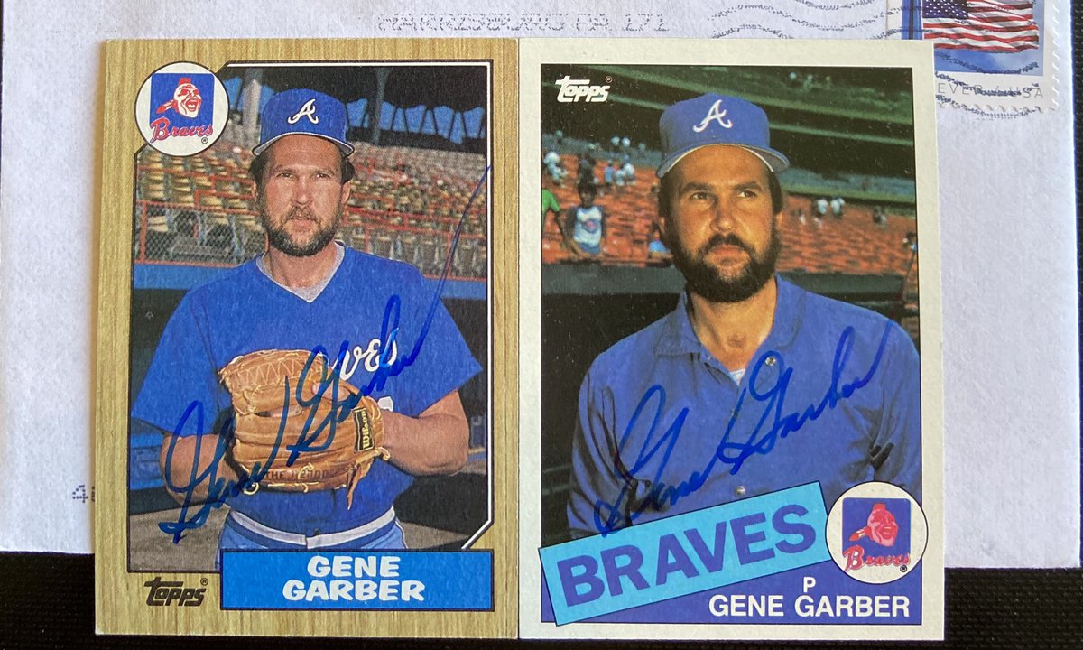 ScribSports's tweet photo. #TTMsuccess for #Project87 from Gene Garber. 2/2 in 25 days. Signed an #85Topps in addition to the #87Topps, with fun responses to my short questionnaire. Thanks so much, Mr. Garber! https://t.co/G2xwhc7AIP