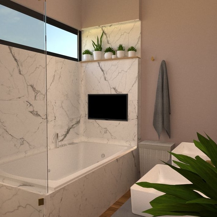 Theroomlook's tweet photo. Mi cliente quería un espacio donde pudiera dedicar horas a consentirse, descansar y entretenerse. Justo en frente de la #bañera de #hidromasaje de @firplak propuse un #TV  conectado a un sistema de sonido para que la experiencia sea completa. #baño #diseño https://t.co/E705D0iyNT