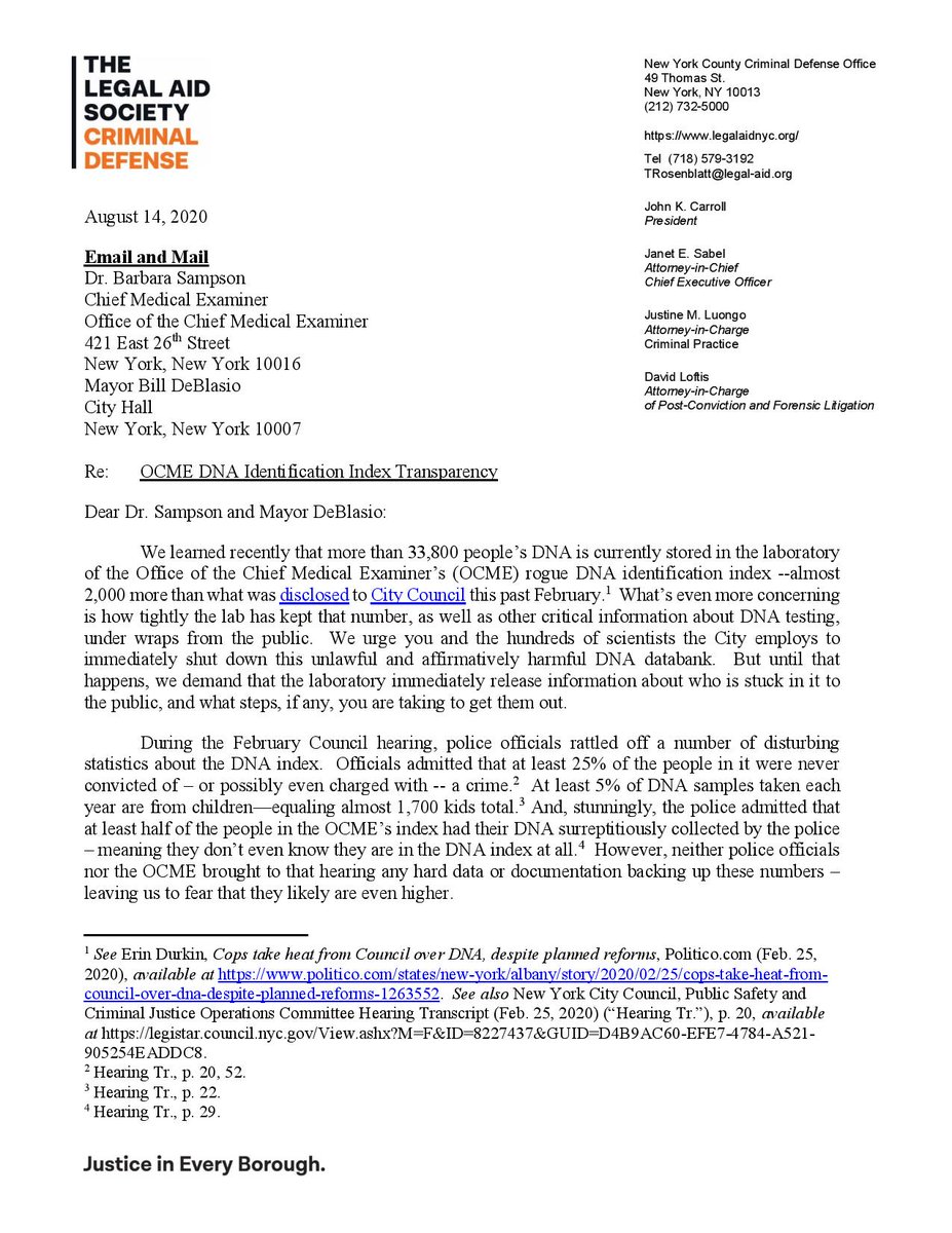 LegalAidNYC's tweet photo. Our letter to @NYCMayor and OCME calling for a complete shutdown of the City's rogue DNA database and for interim progress reports detailing efforts to expunge New Yorkers' profiles. #AbolishTheDatabase https://t.co/Zq0pamEQf7