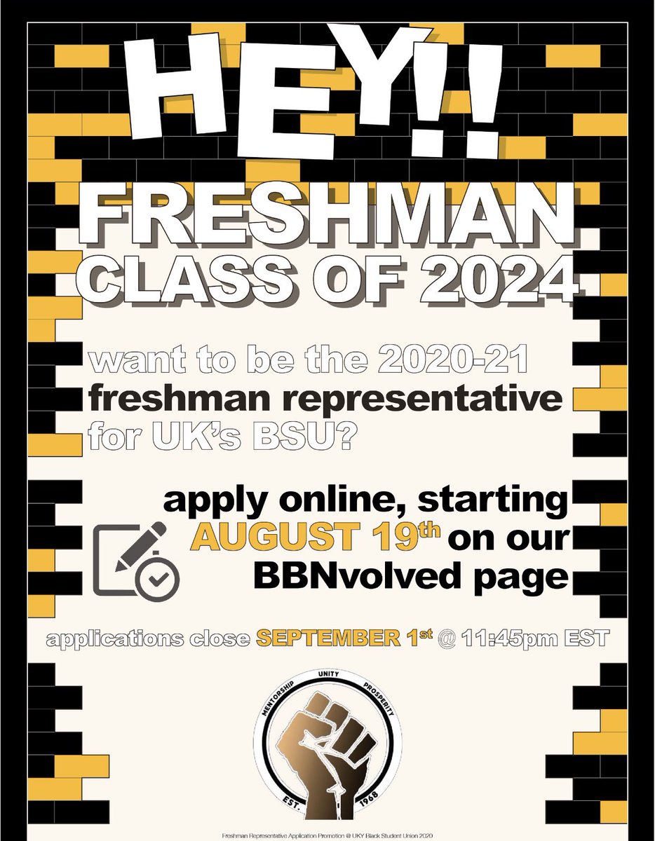 UK_BSU's tweet photo. Good Evening Class of 2024 ! Frsshman Representative applications are now live! Visit our page on BBNVOLED or just click the link below ‼️ https://t.co/uJQM2MswKv https://t.co/OvzQmDlAjK