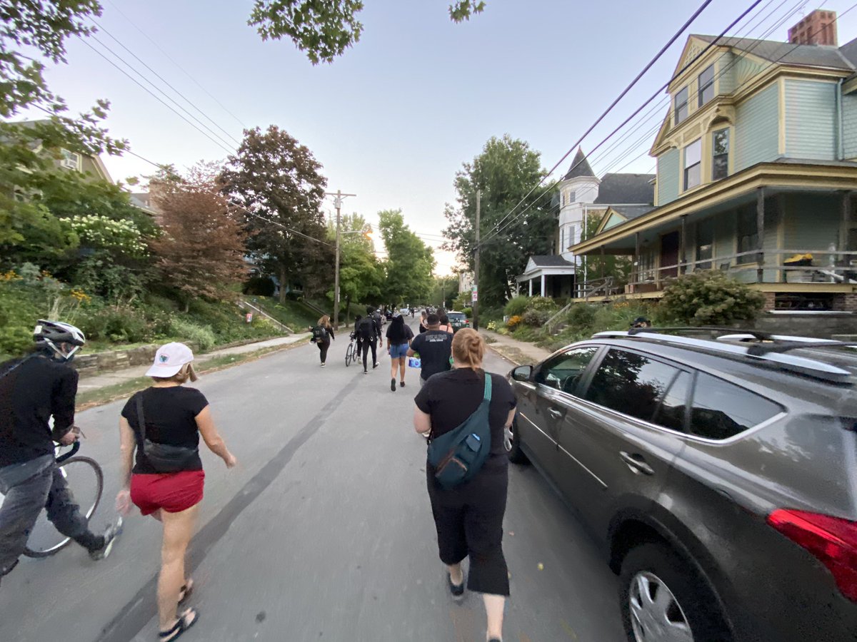I’m with a group of about 25 people that gathered at 8 in Mellon Park. We’re taking a leisurely stroll over to Peduto’s house.
