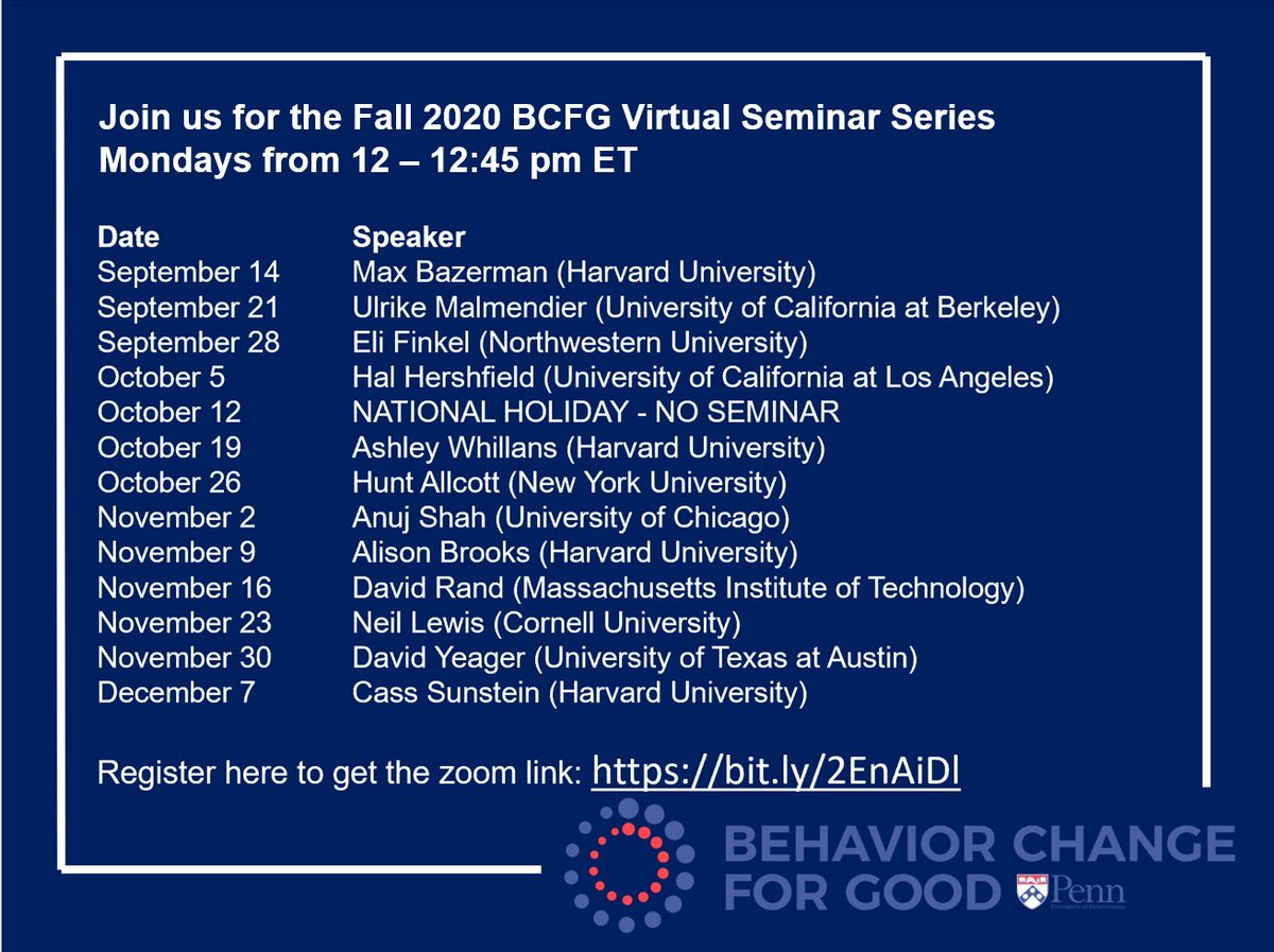 MARK YOUR CALENDAR: @ChangeBcfg is announcing a fall 2020 virtual research seminar series w/ all-star speakers on behavior change. Format: 20 min presentation + 20 mins of Q&amp;A moderated by me &amp; <a href="/angeladuckw/">Angela Duckworth</a>. Anyone can attend - just register at bit.ly/2EnAiDl. Join us!