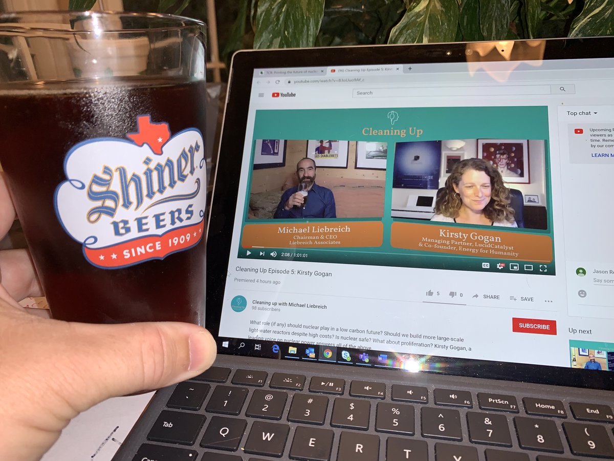 1/Settling down to watch  @MLiebreich &  @kirstygogan discuss the role that nuclear power can play in a  #lowcarbon future in the  @MLCleaningUp series... accompanied by a glass of  @ShinerBeer Bock, brewed in Shiner, Texas, USA since 1909. Cheers.Thread of highlights below  https://twitter.com/MLCleaningUp/status/1296057254752530432