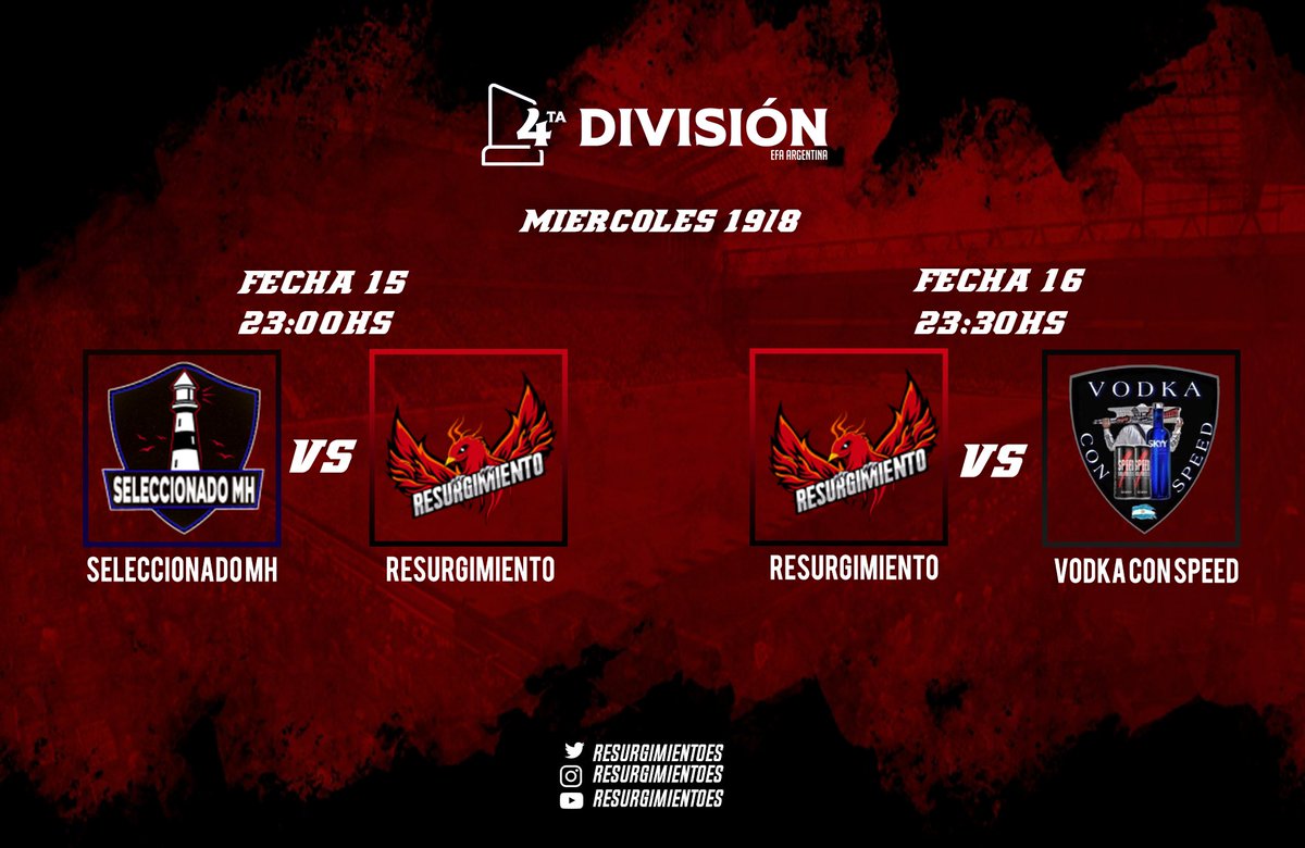 Hoy juega #Resurgimiento 🔴⚫🦅 en <a href="/EFAargentina/">EFA Argentina (desde 🏡)</a>. Vamos por todo 👊

🆚️ #SeleccionadoMH
🆚️ #Vodkaconspeed