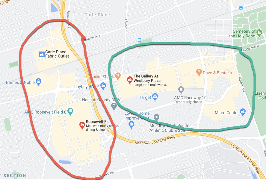 Either the red mall will close and become residential/industrial or the green mall will close. You won’t get a situation where 50% of each mall becomes vacant.