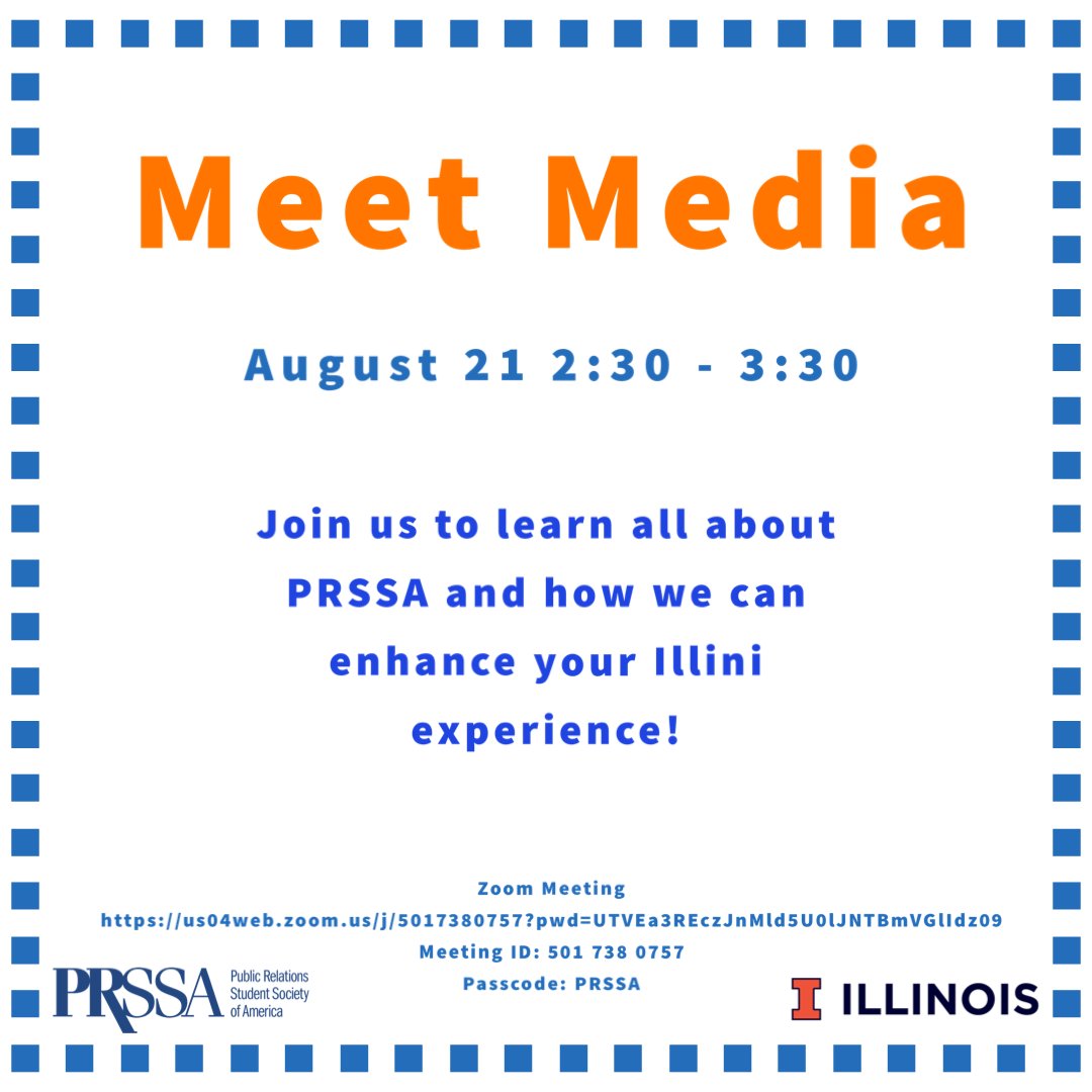 IllinoisPRSSA's tweet photo. Interested in becoming a PRSSA member this semester? Join us Friday, August 21 at the Illinois Meet Media Info Fair! 
Zoom Meeting
https://t.co/ED3BnZ3KTj
Meeting ID: 501 738 0757
Passcode: PRSSA https://t.co/vQRaco4QXZ