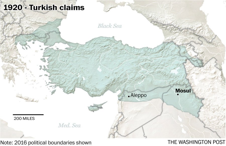 He also refers to "protecting our Misak-ı Millî borders," a reference to one of the last resolutions of the defeated Ottoman Parliament in 1920 before it was replaced by the Turkish Republic. Those resolutions included future borders for a Turkish state that looked like this. /4