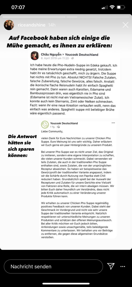 philninh's tweet photo. #Edeka verkauft „Phỏ“ von #YOUCOOK. Ihre Antwort nach zahlreichen Kundenbeschwerden, dass diese Suppe überhaupt nichts mit Phỏ zu tun hat, lässt mich ein wenig ratlos zurück: „Bei unserer Pho Suppe war es nicht unser Ziel, das Original zu imitieren, … https://t.co/8uOz4jgpyD