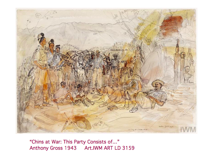 7. Gross joined Hakha Chin soldiers on 450 mile [724 km] trek Falam to Manipur India and "painted tirelessly at every halt…” (J. Potter.) Gross’s paintings give us the best visual impression of WW2 in the land of the Chins, which is still a hard-to-reach region of highland Asia.