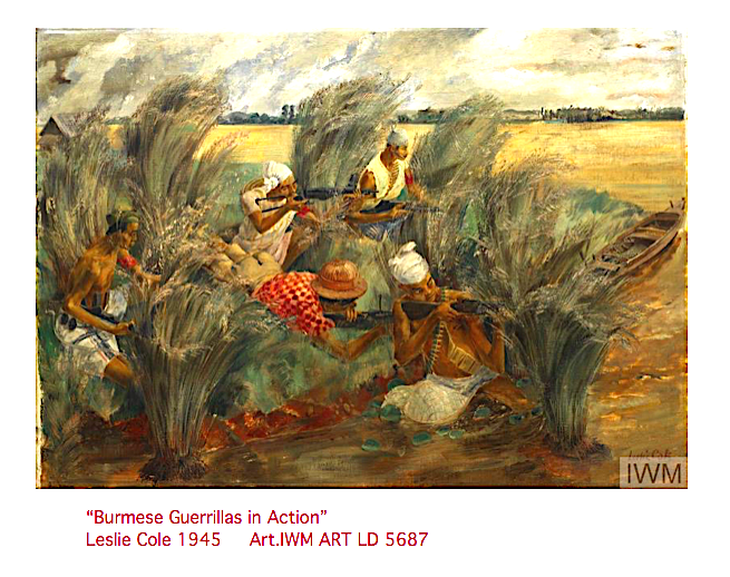 8. Another British WAAC Artist in Burma was Leslie Cole who painted local guerrillas with the Allies north of Rangoon firing sten guns & carbines under churning skies or examining a map with Bowie-esque, longyi-clad Sgt. Brierley, in hues unusually vivid for a British War Artist.