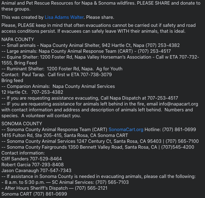 Sarah_Stierch's tweet photo. List of animal rescue services for #NapaCounty & #SonomaCounty #MeyersFire #HennesseyFire #SpanishFire #StewartFire #WalbridgeFire GET HELP, VOLUNTEER, OR DONATE. RT PLZ. π¦ (Created by @LisaAdamsWalter) https://t.co/Fdfi2SQVop