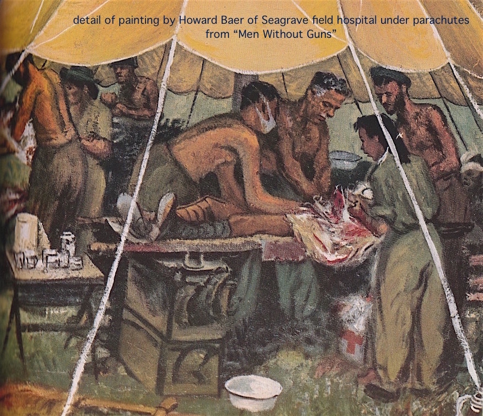 13. When funding for American combat artists was cut (criticized as “a frivolity") a pharmaceutical company sponsored many, including Howard Baer. He painted gripping scenes of isolated medical units in Burma struggling to save wounded American & Chinese Nationalist soldiers.