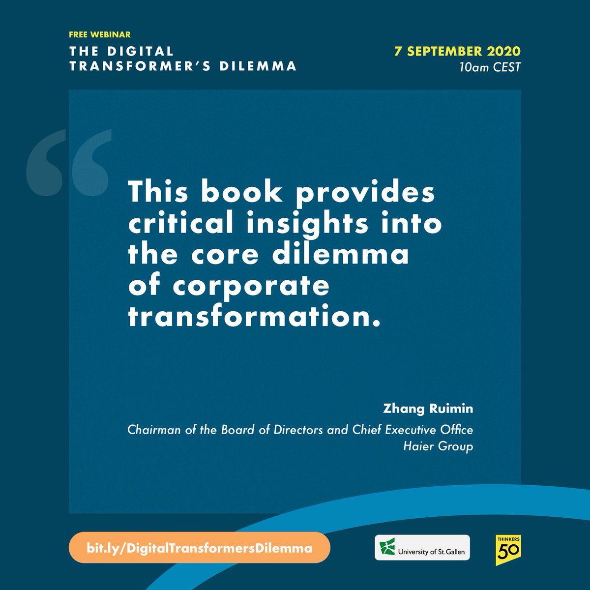 thinkers50's tweet photo. Join a free one-hour webinar featuring Karolin Frankenberger and Markus Schmidt, co-authors of the upcoming book The Digital Transformer’s Dilemma, to get unique insights into delivering #transformation in the digital age.
Sign up: https://t.co/rnaT7ecs5n
@embahsg #haiergroup https://t.co/sIsBDL5BB3