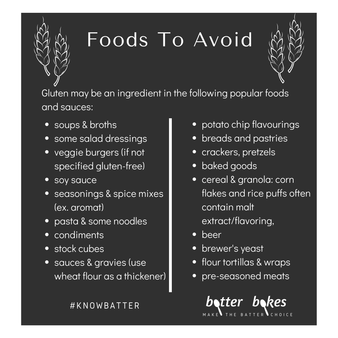 batter_bakes's tweet photo. 2/ Grains, Foods &amp; Beverages to avoid...

#knowbatter #gluten101 https://t.co/HWz8AUNJgm