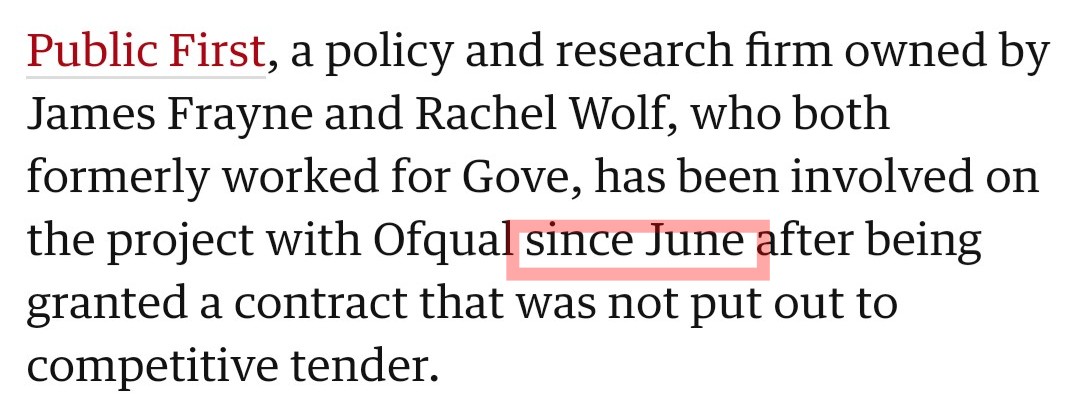 Why did they not hold a tender process before giving a contract to their pals? A Levels/GCSEs were cancelled in March so there was plenty of time for  @Ofqual to hold a tender process before Public First started working there in June. What's the real reason? /3