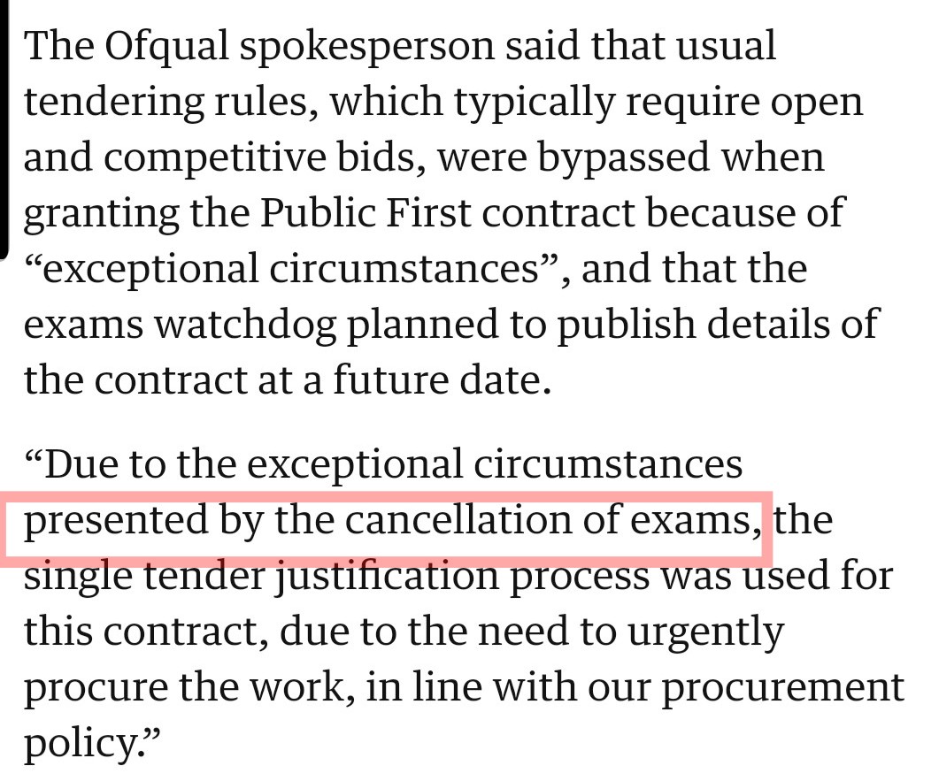 Why did they not hold a tender process before giving a contract to their pals? A Levels/GCSEs were cancelled in March so there was plenty of time for  @Ofqual to hold a tender process before Public First started working there in June. What's the real reason? /3