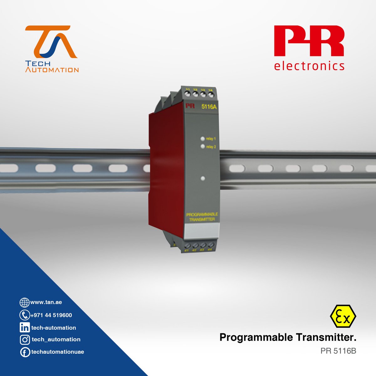 techautomation1's tweet image. PR.5116B
Programmable transmitter
- Input for RTD, TC, mV, Ohm, potentiometer, mA and V
- 2-wire supply > 16.5 V to Ex zone 0
- Bipolar voltage input
- Output for current, voltage and 2 relays
- Universal supply by AC or DC
For more details contact us at sales@tan.ae