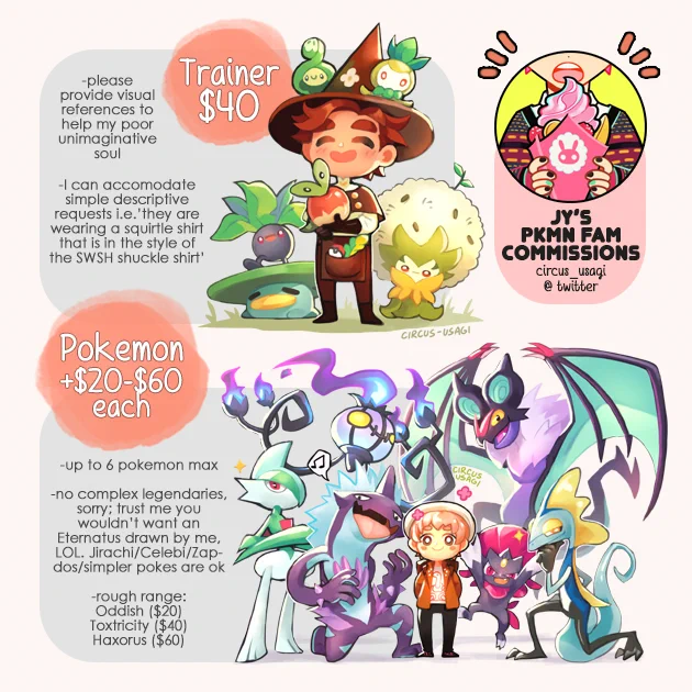 Since i've gotten inquires about it, here's the info for my pkmn fam commissions from last time :) sorry if it wasn't clear from the first post but yes, extra characters (like pkmn) do cost extra to draw! 