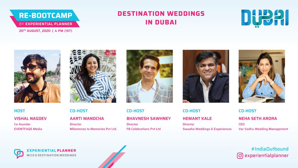 Meet our co-hosts for today for the RE-BOOTCAMP by 
<a href="/TheExpPlanner/">ExperientialPlanner</a> 
Explore the Opportunity: Destination Weddings in Dubai

#IndiaOutbound is now a reality.
<a href="/vishalnagdev/">Vishal Nagdev</a>  <a href="/aarti_manocha/">Aarti Manocha</a> <a href="/SawhneyBhavnesh/">Bhavnesh Sawhney</a>  
<a href="/neha200544/">Neha Seth</a>