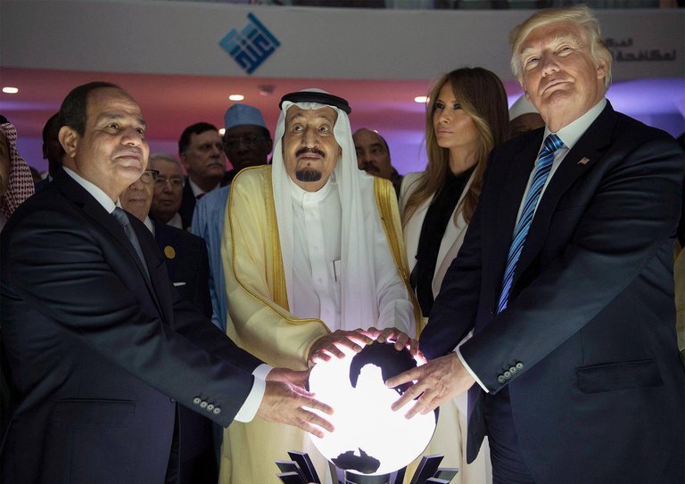 You all remember that time that Trump went to Saudi Arabia on his first foreign trip and then the King of Saudi Arabia, the President of Egypt and Trump touched a globe together and it began to glow and then the left freaked out? Good times, good times.