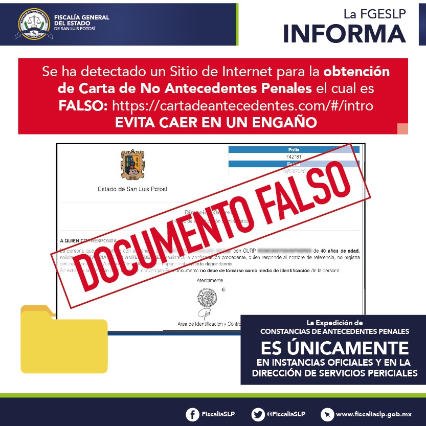 Vision_Noticia's tweet image. #FGE #SLP #DOCUMENTOFALSO #PÁGINAFALSA
ALERTA @FiscaliaSLP DE SLP POR FALSA PÁGINA QUE OFRECE CARTAS DE NO ANTECEDENTES PENALES
El trámite sólo se realiza en sitios oficiales de la institución y ante el pago en Finanzas. 
SLP.-  La Fiscalía...#LEE en bit.ly/2QaI0Ui
