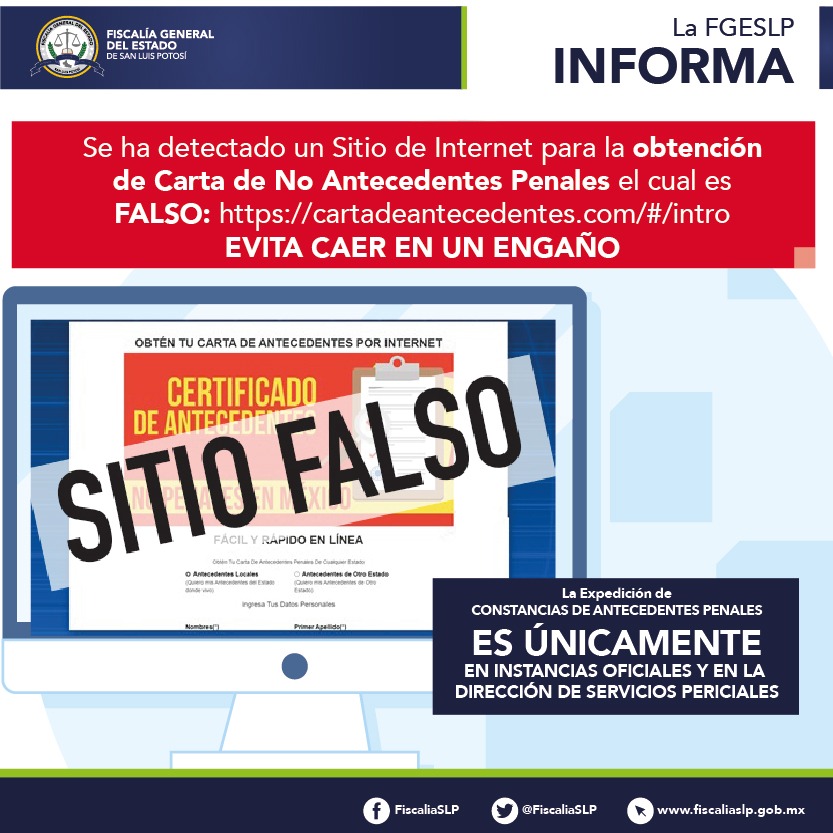 Vision_Noticia's tweet image. #FGE #SLP #DOCUMENTOFALSO #PÁGINAFALSA
ALERTA @FiscaliaSLP DE SLP POR FALSA PÁGINA QUE OFRECE CARTAS DE NO ANTECEDENTES PENALES
El trámite sólo se realiza en sitios oficiales de la institución y ante el pago en Finanzas. 
SLP.-  La Fiscalía...#LEE en bit.ly/2QaI0Ui