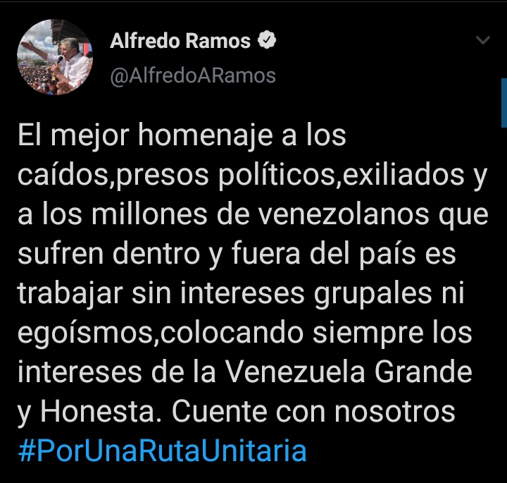 .<a href="/AlfredoARamos/">Alfredo Ramos</a> a <a href="/jguaido/">Juan Guaidó</a>  "Cuente con nosotros por una ruta unitaria". is.gd/V2vNeN