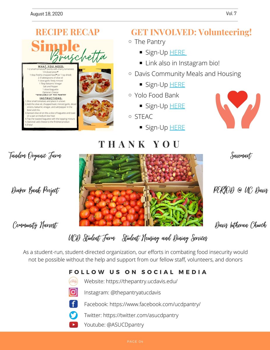 Can you believe we're already halfway through SSII😮

Highlights:
-Staff+Volunteer Spotlight
-Resource of the Week: Davis Night Market + FreeBites App 🍢🥪
-How to Read a Nutrition Label
-Recipe: Bruschetta

Stay safe, cool, and hydrated, everyone!💧