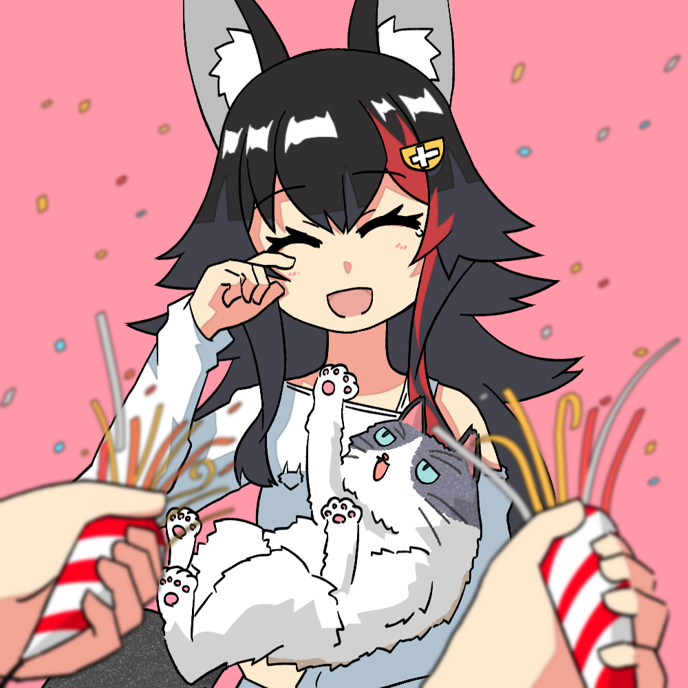 ookami mio animal ears wolf ears cat party popper red hair black hair wolf girl  illustration images