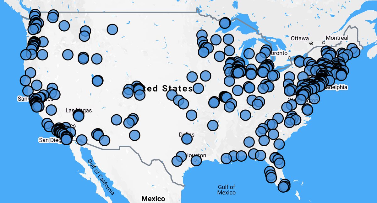 A map of the United States with more than 400 blue dots representing events this Saturday to help save the USPS.