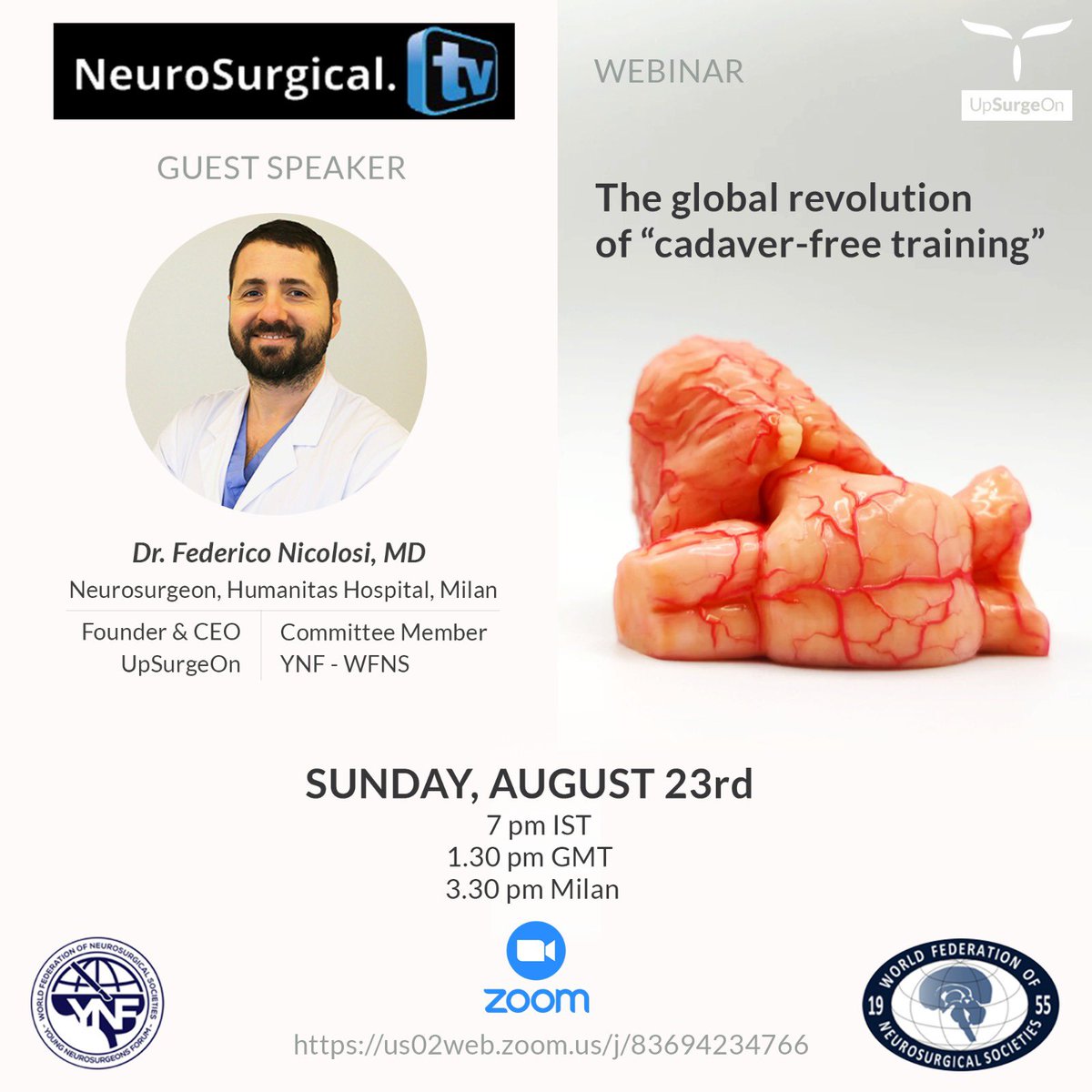 Podcast from Miami, Neurosurgical TV: Dr. Federico Nicolosi, UpSurgeOn founder, will give a lecture entitled 'The global revolution of cadaver-free training'. Sunday 23rd August 2020 at 1.30 PM GMT. us02web.zoom.us/j/83694234766 #neurosurgery #training #humanbrain #medtech