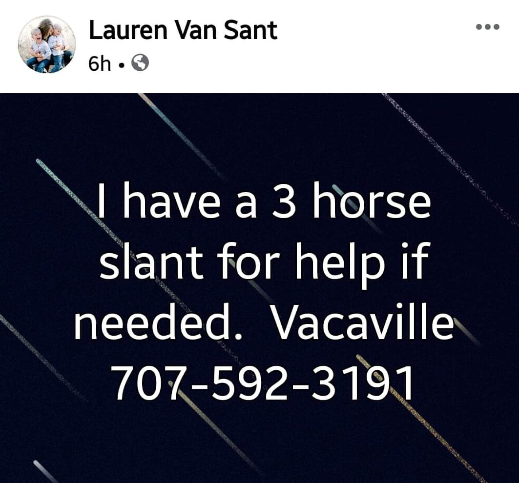  #LNULightningComplex  #SonomaCounty  #NapaCounty #SolanoCounty  #Vacaville  #Horses  #Livestock  #Evacuations  #Pets Contact:  http://www.facebook.com/lauren.vansant.9Post   http://www.facebook.com/groups/270203390408097/permalink/760499634711801 #CaliforniaFires  #DAT  #californiawildfires