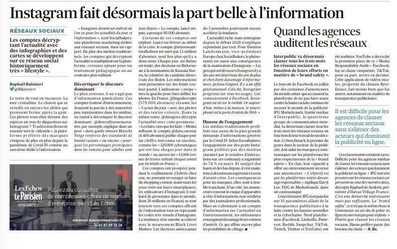 👀 Intéressant 👀
« Instagram fait désormais la part belle à l’information » 
« Quand les agences auditent les reseaux » 

Via <a href="/LesEchos/">Les Echos</a> <a href="/RBalenieri/">Raphaël Balenieri</a> 
cc @socialbakers <a href="/HugoDecrypte/">Hugo Décrypte</a> <a href="/HugoTravers/">Hugo Travers</a> <a href="/Datagora/">Datagora</a> <a href="/InterpublicIPG/">Interpublic Group</a> @Mediabrands <a href="/raphdeandreis/">raphael de andreis</a> @HavasGroup