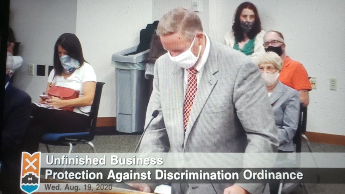 1st in room speaker:"There is a danger to gender inclusion." I believe you are placing this city at risk.He says the ordinance "paves the way" for voyeurism. He reads an example of a person filming a stranger in a Target bathroom.That person is in jail, shitbird.