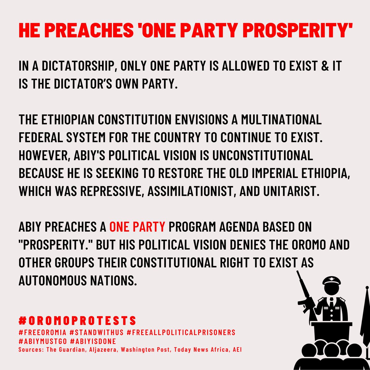 oromoprotestsHQ's tweet photo. Ethiopia is currently being led by a dictator, @AbiyAhmedAli! In this series of graphics, we show you how! #AbiyMustGo #AbiyIsDone #OromoProtests 

 *part 1 of 3 https://t.co/nX3F5UttWz