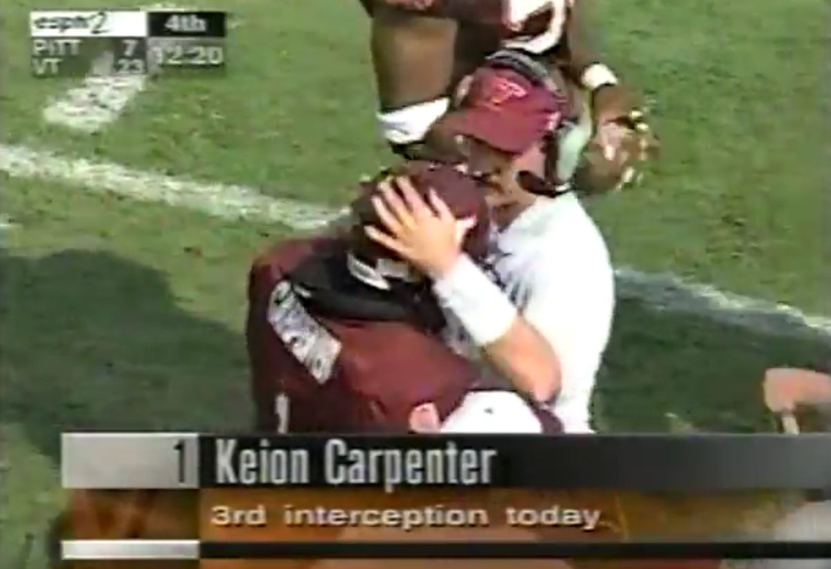 Hokie20's tweet photo. Today in 1998: @KeionCarpenter returns his 3rd INT of the day for a TD as No.21 @HokiesFB slams Pitt 27-7. #RIPKeion #HokieHistory #Hokies https://t.co/ncmULQbh7r