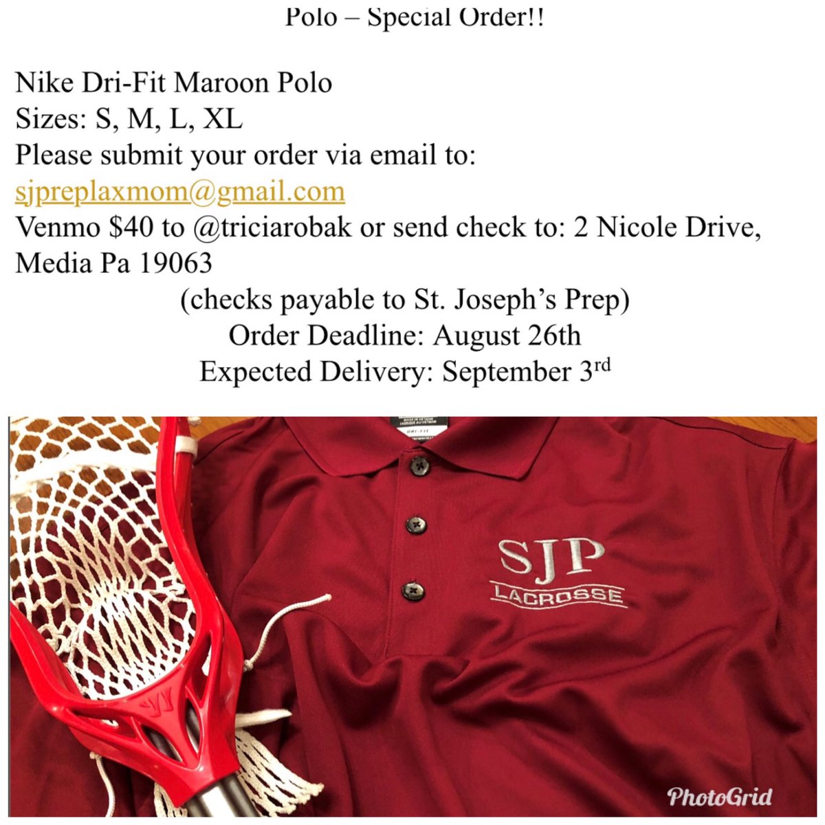 As part of the Hybrid Schedule, the boys can wear polos to school!  Have your son Rep The Prep Lax Team this year with this Nike-Polo special order!!!