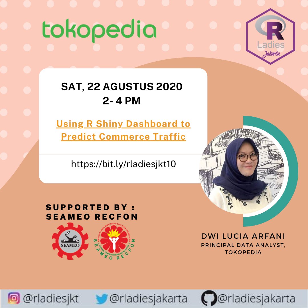Come join us this Saturday on #rladiesjkt 10th meetup. This time we'll learn about #rshinydashboard with our guest speaker, Fani, from <a href="/tokopedia/">Tokopedia</a>. RSVP now: bit.ly/rladiesjkt10 #rstats