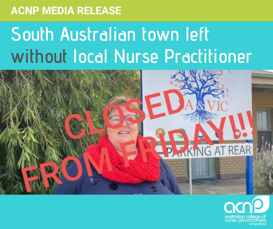 You will recall a devastating issue facing a SA community who is about to be left without their local #NursePractitioner, Di Thornton.  The ACNP supports Di &amp; her #community &amp; has since raised this issue with the regulatory bodies, State &amp; Federal Govt. ow.ly/Wfxt50B49jM