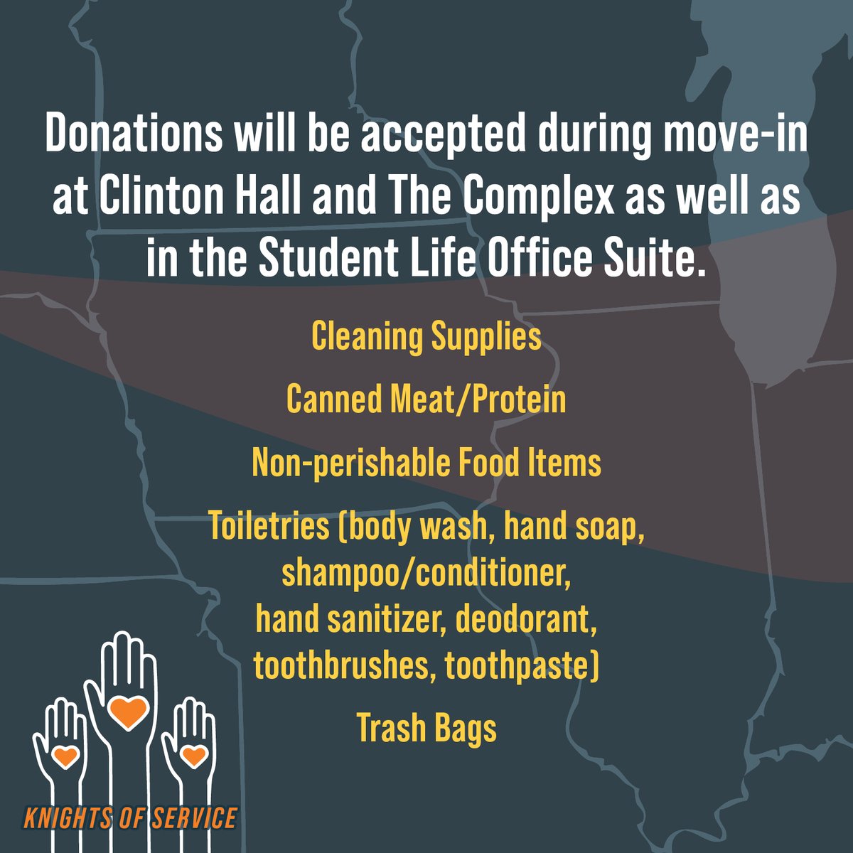 WartburgCollege's tweet photo. The @WartburgVAC &amp; @WCServiceTrips are launching a Derecho Relief effort to help those affected by #derechoiowa 

Please bring needed items to drop-off sites on campus during move-in. Knights care &amp; Knights serve! Contact vac@wartburg.edu for details 👍 https://t.co/1E5n3SVgoo