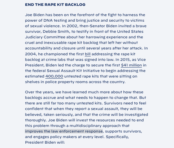 well, well, well. lookee here. his rape kit backlog solution involves giving more money to cops. $120 million/year. https://joebiden.com/vawa/&nbsp;