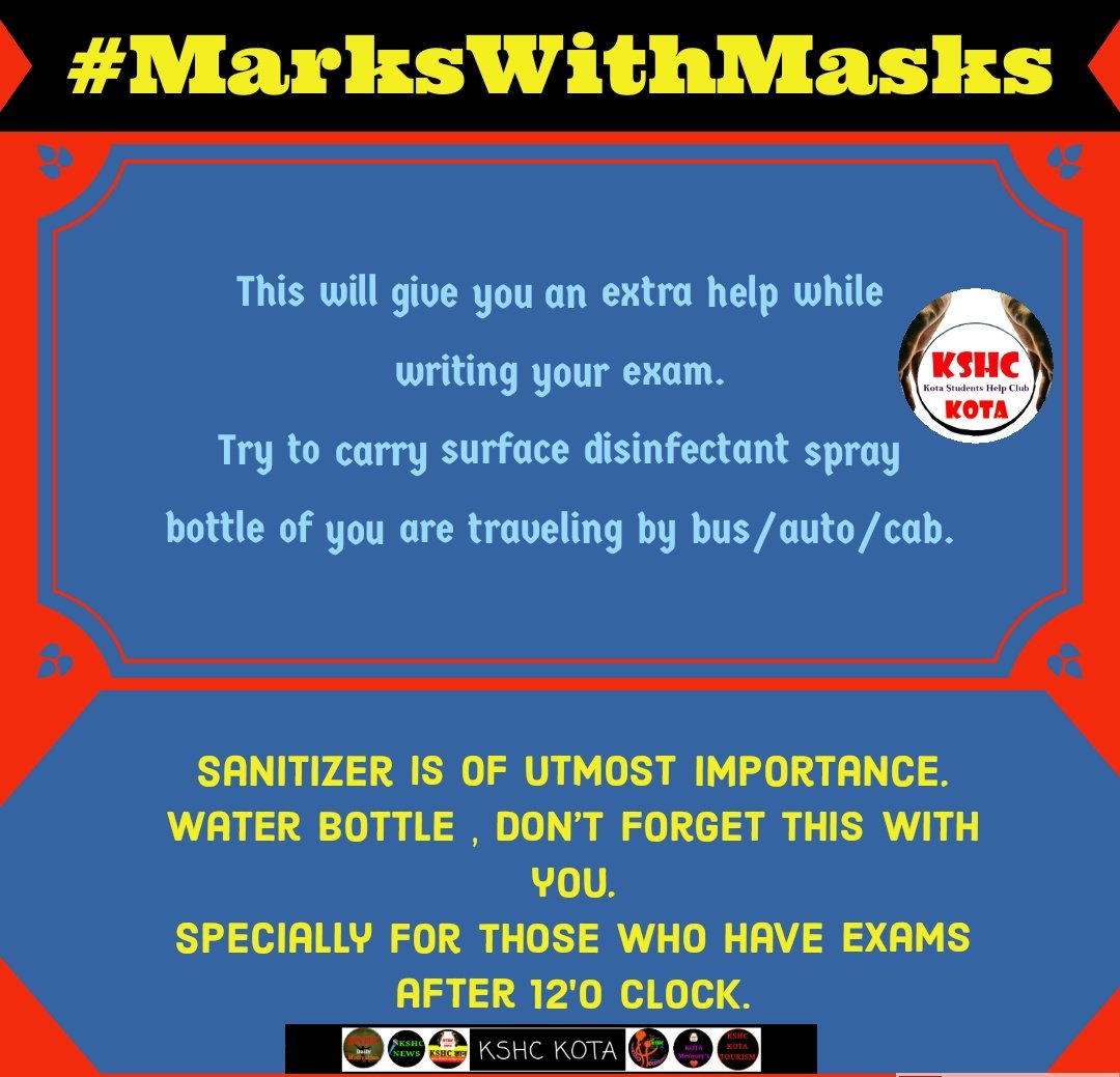 KotaKshc's tweet photo. #MarksWithMasks #6HOUR_EXAMHOUR STUDENTS FOLLOW THESE SIMPLE THINGS TI AVOID HECTIC ON EXAM DAYS. #kshc #examwarriors https://t.co/u44gVzhxro