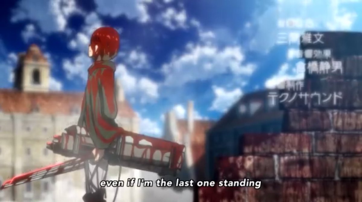 Season 1 op 2, we can see armin covered in blood and since titan blood evaporates, it might be a foreshadowing of the blood of his friends that were killed and those he will kill in the future. (The lyrics “even if i’m the last one standing” proves it)